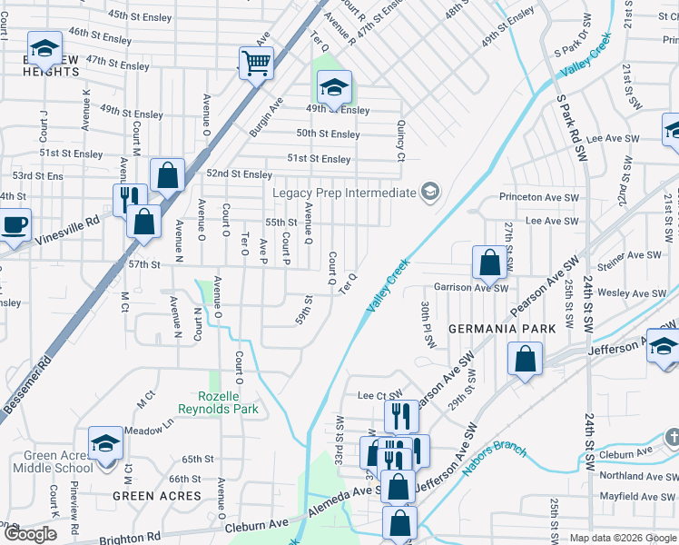 map of restaurants, bars, coffee shops, grocery stores, and more near 5701 Court Q in Birmingham