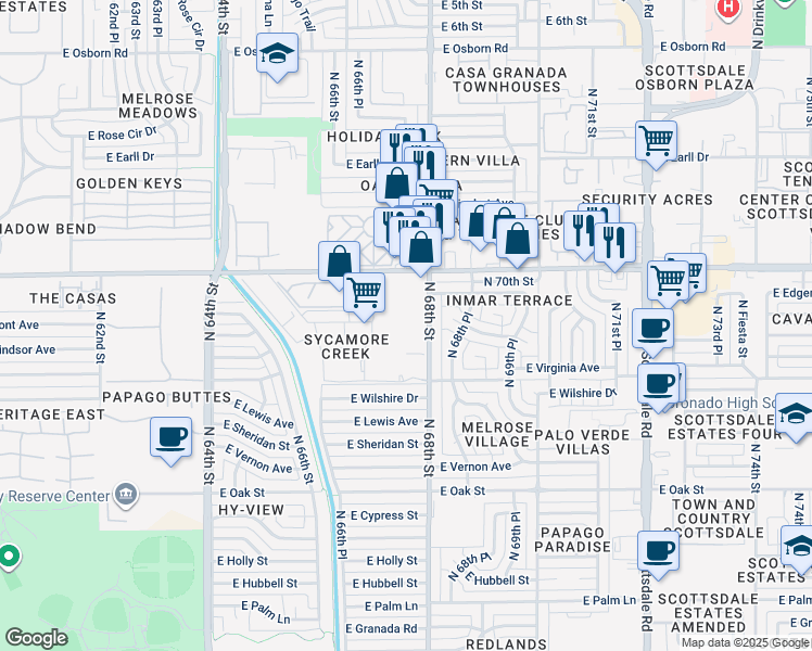 map of restaurants, bars, coffee shops, grocery stores, and more near 2720 North 68th Street in Scottsdale