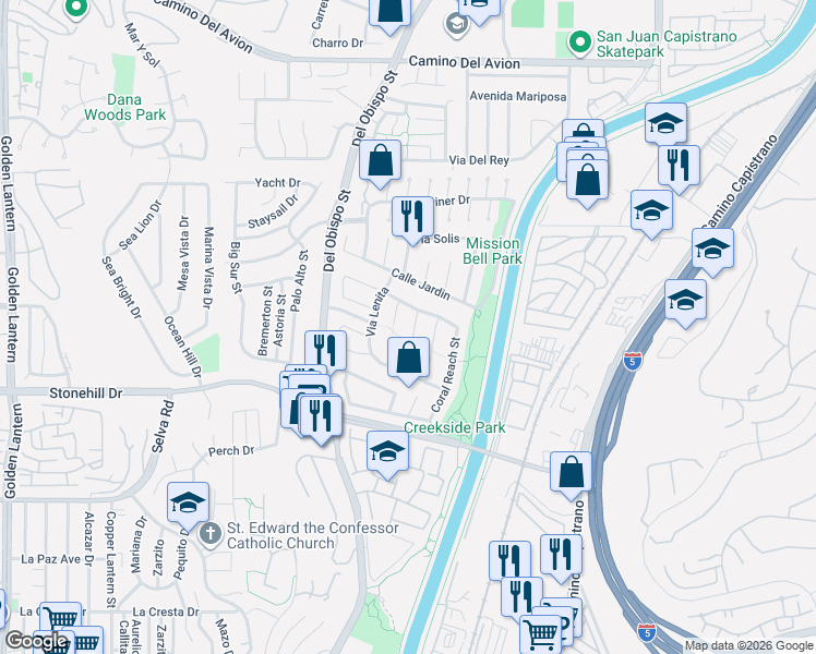 map of restaurants, bars, coffee shops, grocery stores, and more near 33342 Cove Island Place in Dana Point