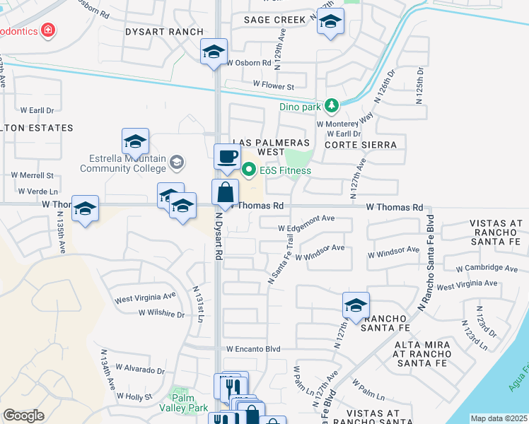 map of restaurants, bars, coffee shops, grocery stores, and more near 12838 West La Reata Avenue in Avondale