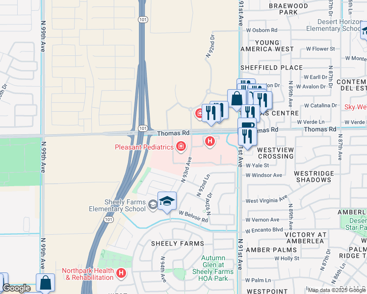 map of restaurants, bars, coffee shops, grocery stores, and more near 9301 North 93rd Avenue in Phoenix