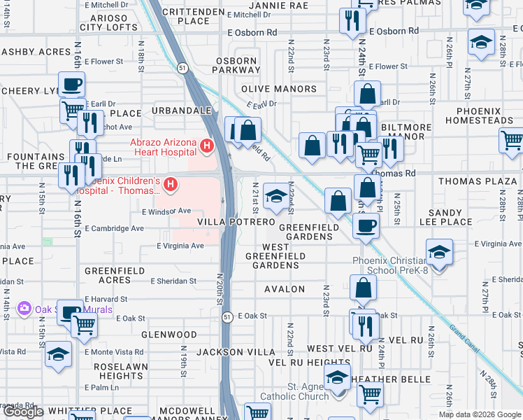 map of restaurants, bars, coffee shops, grocery stores, and more near 2725 N 21st St in Phoenix