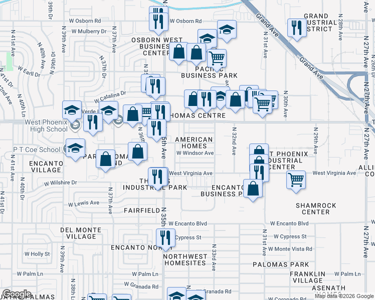 map of restaurants, bars, coffee shops, grocery stores, and more near 3402 West Windsor Avenue in Phoenix