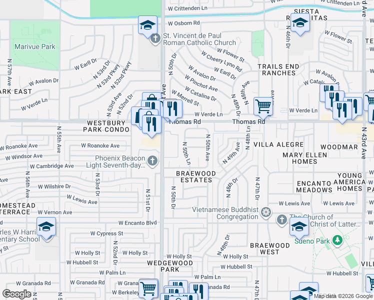 map of restaurants, bars, coffee shops, grocery stores, and more near 5041 West Windsor Avenue in Phoenix