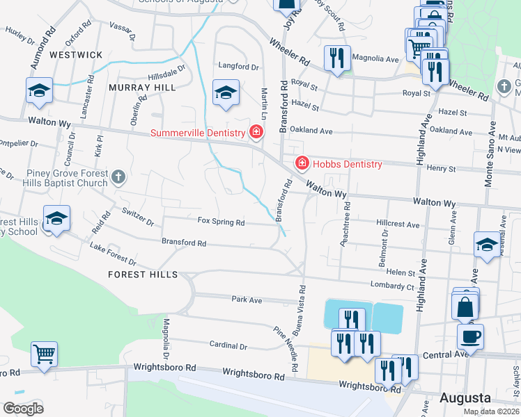 map of restaurants, bars, coffee shops, grocery stores, and more near 826 Barrett Lane in Augusta