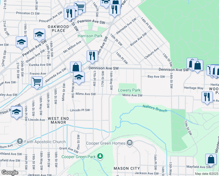 map of restaurants, bars, coffee shops, grocery stores, and more near 1424 16th Way Southwest in Birmingham