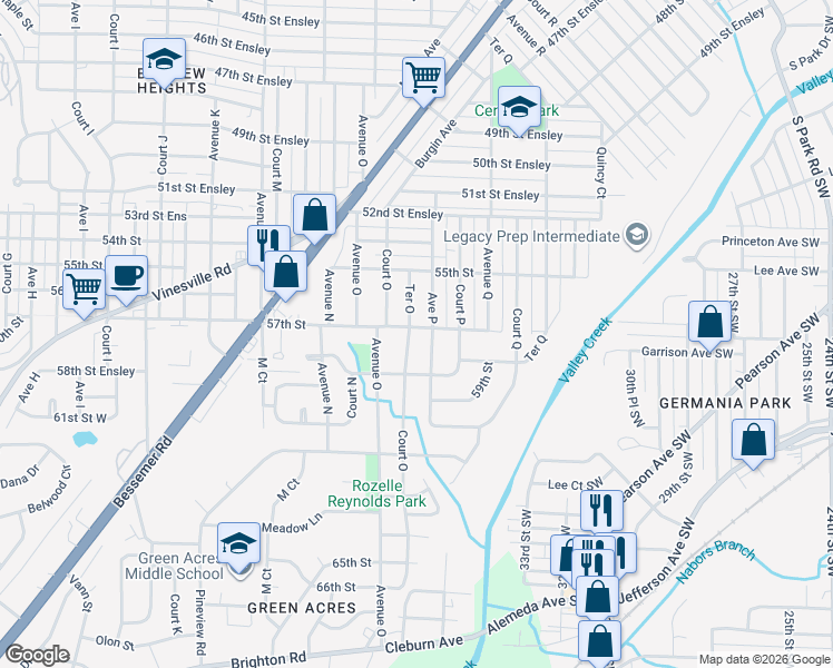 map of restaurants, bars, coffee shops, grocery stores, and more near 1525 57th Street in Birmingham