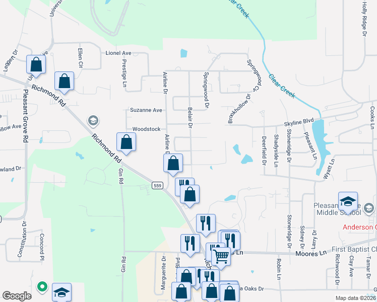 map of restaurants, bars, coffee shops, grocery stores, and more near 4307 Jan Cir in Texarkana