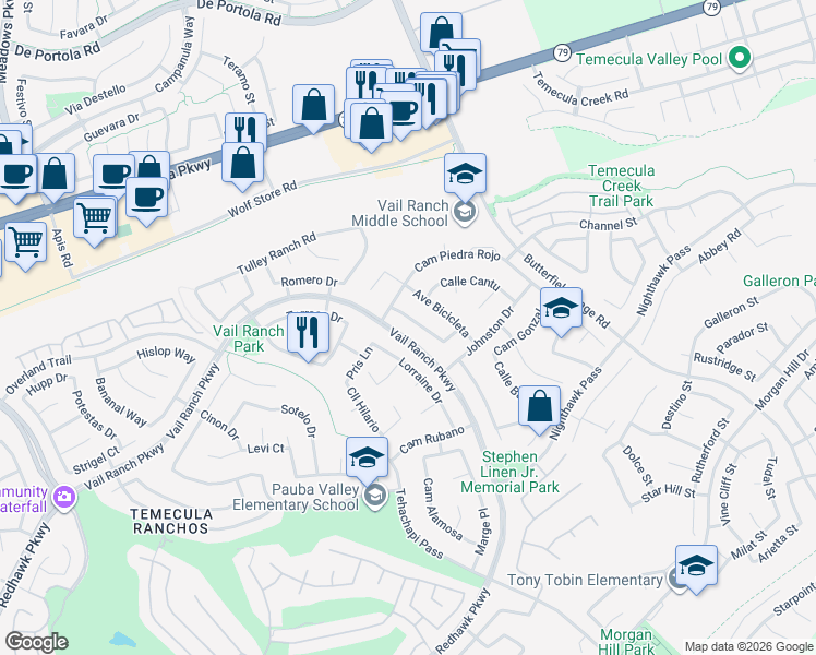 map of restaurants, bars, coffee shops, grocery stores, and more near 33249 Calle Langarica in Temecula