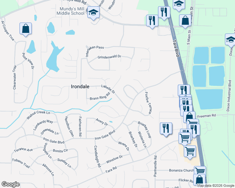 map of restaurants, bars, coffee shops, grocery stores, and more near 1328 Labelle Street in Jonesboro