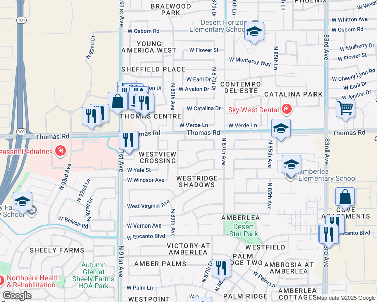 map of restaurants, bars, coffee shops, grocery stores, and more near 8810 West Roanoke Avenue in Phoenix