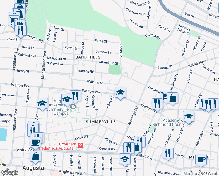 map of restaurants, bars, coffee shops, grocery stores, and more near 7 Bransford Place in Augusta