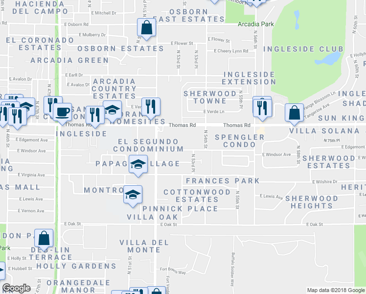 map of restaurants, bars, coffee shops, grocery stores, and more near 5304 East Windsor Avenue in Phoenix