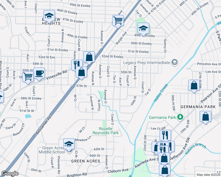 map of restaurants, bars, coffee shops, grocery stores, and more near 1525 57th Street in Birmingham