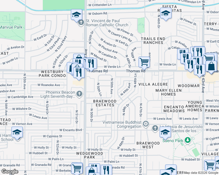 map of restaurants, bars, coffee shops, grocery stores, and more near 5005 West Windsor Avenue in Phoenix