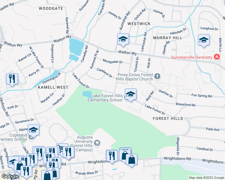map of restaurants, bars, coffee shops, grocery stores, and more near 819 Poindexter Drive in Augusta