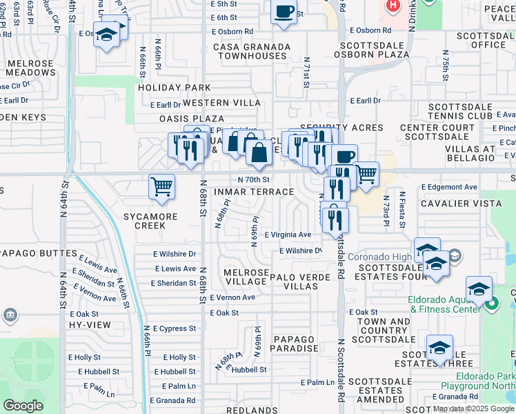 map of restaurants, bars, coffee shops, grocery stores, and more near 2806 North 69th Place in Scottsdale