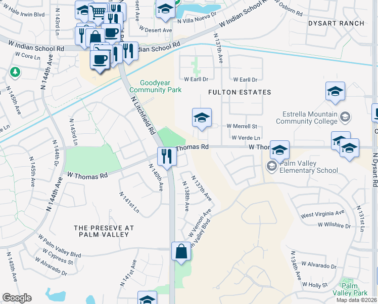 map of restaurants, bars, coffee shops, grocery stores, and more near 2801 North Litchfield Road in Goodyear
