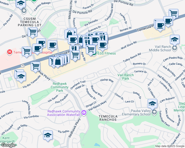 map of restaurants, bars, coffee shops, grocery stores, and more near 32557 Vailcreek Drive in Temecula