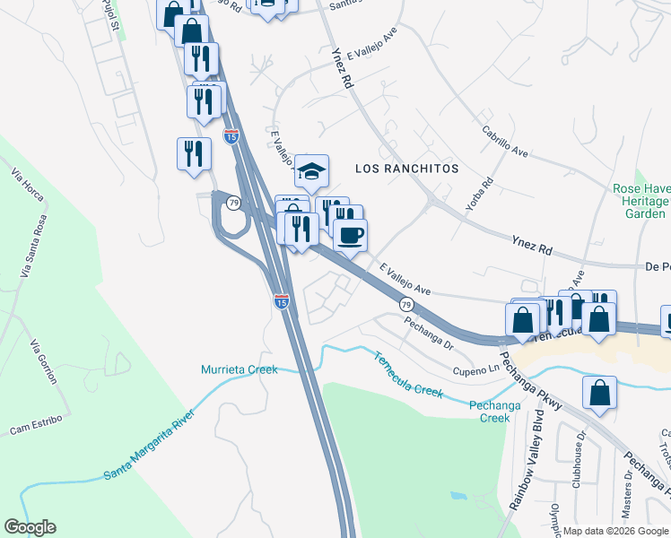 map of restaurants, bars, coffee shops, grocery stores, and more near 44516 La Paz Road in Temecula
