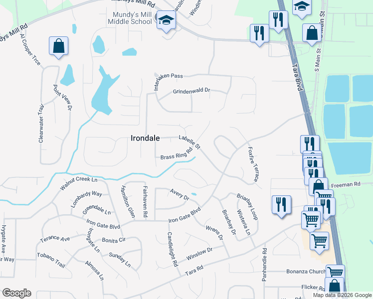 map of restaurants, bars, coffee shops, grocery stores, and more near 10133 Brass Ring Road in Jonesboro