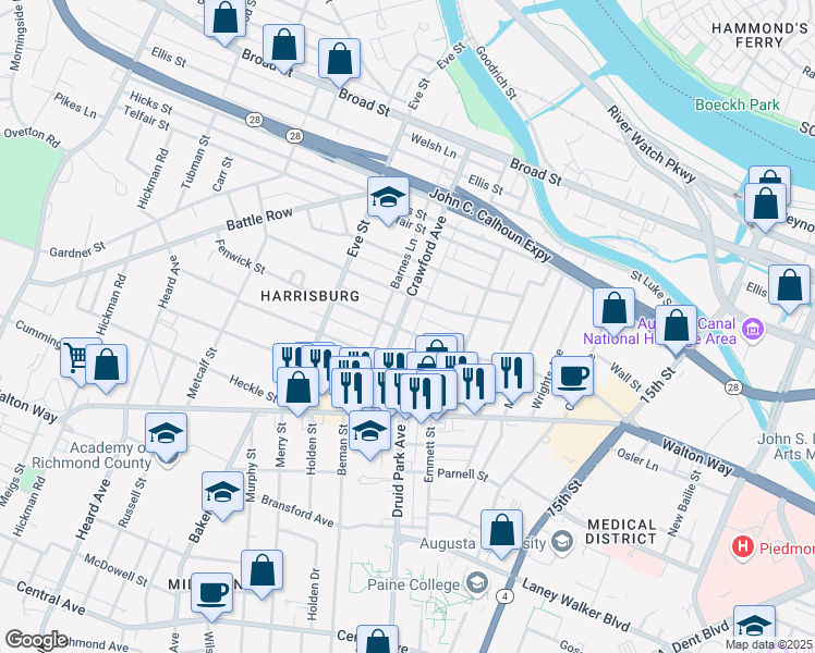 map of restaurants, bars, coffee shops, grocery stores, and more near 1735 Fenwick Street in Augusta