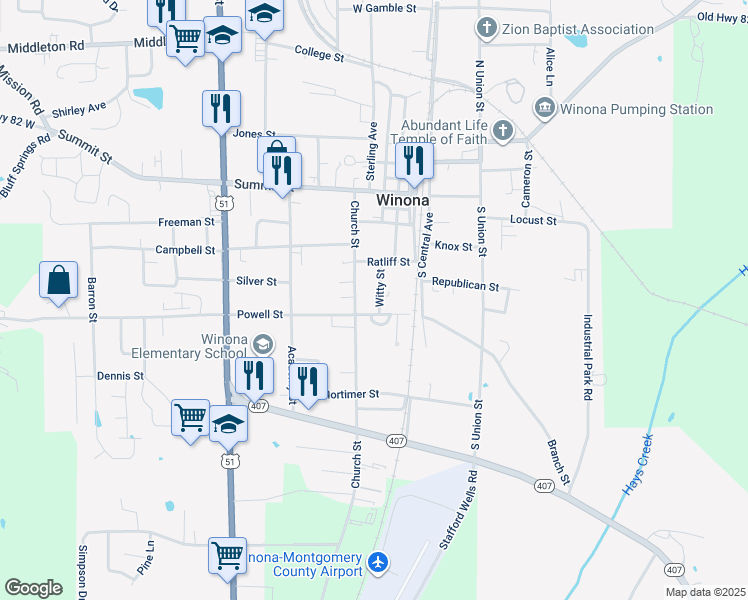 map of restaurants, bars, coffee shops, grocery stores, and more near 299-499 Church Street in Winona