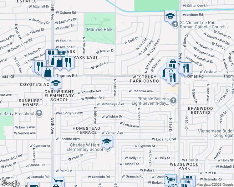map of restaurants, bars, coffee shops, grocery stores, and more near 2813 N 55th Ave in Phoenix