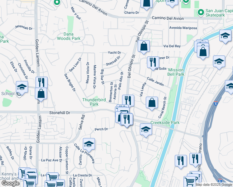 map of restaurants, bars, coffee shops, grocery stores, and more near 33342 Astoria Street in Dana Point