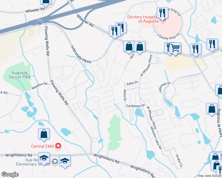 map of restaurants, bars, coffee shops, grocery stores, and more near 1503 Abby Way in Augusta