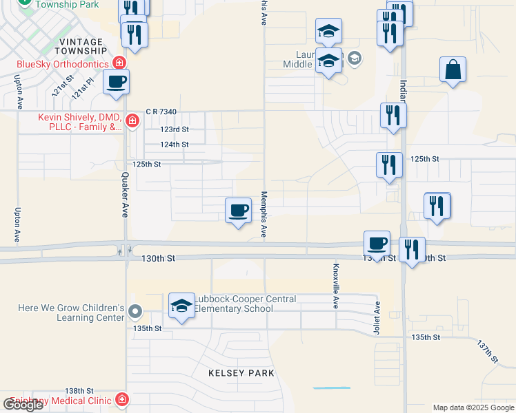 map of restaurants, bars, coffee shops, grocery stores, and more near 3814 130th Street in Lubbock
