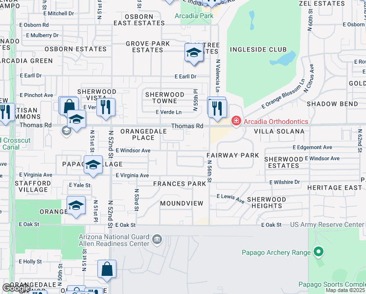 map of restaurants, bars, coffee shops, grocery stores, and more near 5402 East Windsor Avenue in Phoenix
