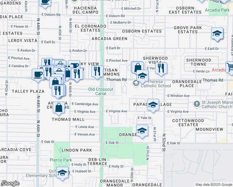 map of restaurants, bars, coffee shops, grocery stores, and more near 4833 East Windsor Avenue in Phoenix
