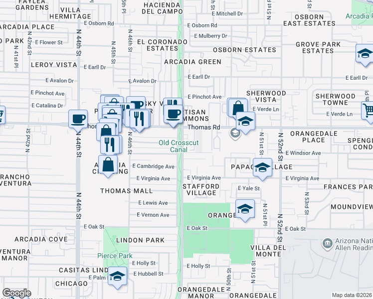 map of restaurants, bars, coffee shops, grocery stores, and more near 2815 North 48th Street in Phoenix