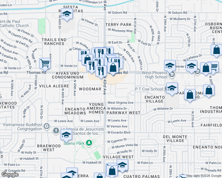 map of restaurants, bars, coffee shops, grocery stores, and more near 2817 North 43rd Avenue in Phoenix