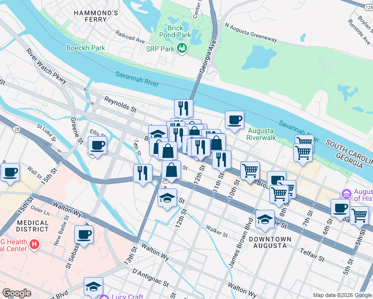 map of restaurants, bars, coffee shops, grocery stores, and more near in Augusta