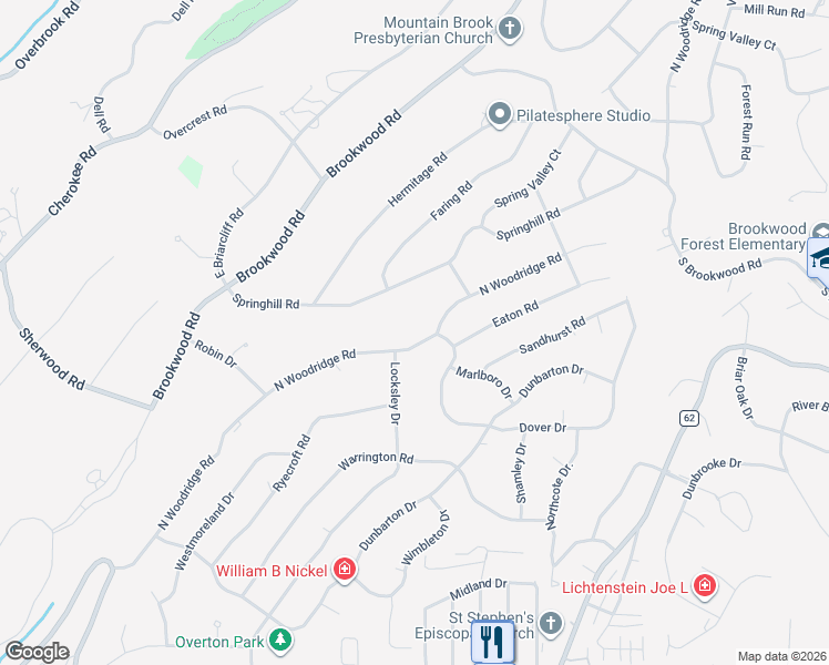 map of restaurants, bars, coffee shops, grocery stores, and more near 3204 North Woodridge Road in Birmingham