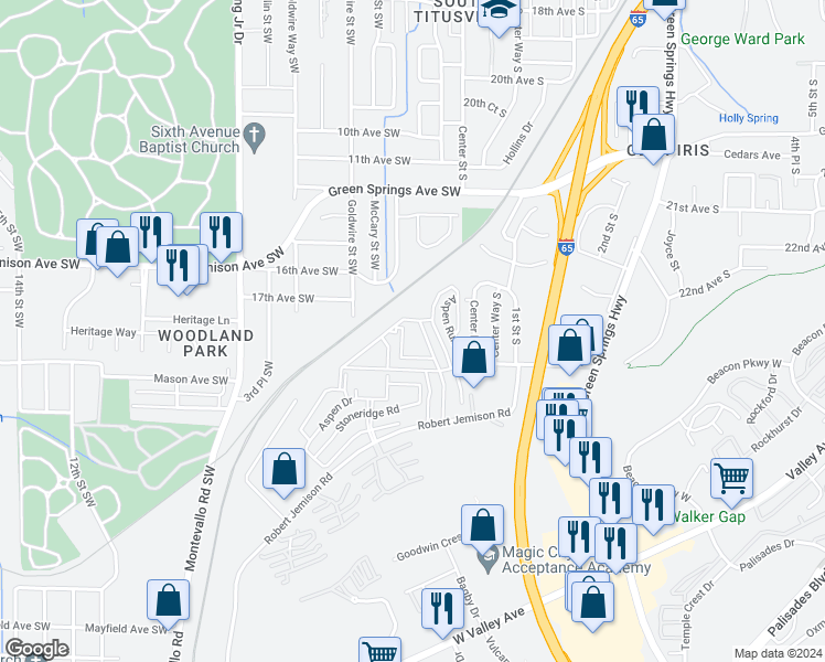 map of restaurants, bars, coffee shops, grocery stores, and more near 1700 Aspen Run in Birmingham