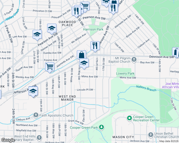 map of restaurants, bars, coffee shops, grocery stores, and more near 1728 Cleburn Avenue in Birmingham