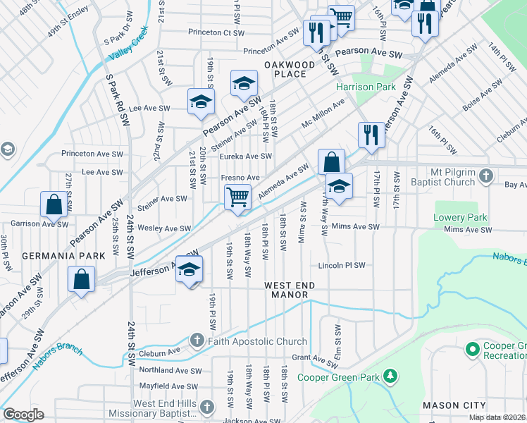 map of restaurants, bars, coffee shops, grocery stores, and more near 1812 Jefferson Avenue Southwest in Birmingham