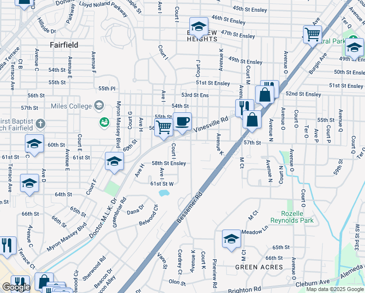 map of restaurants, bars, coffee shops, grocery stores, and more near 1001 57th Street in Birmingham