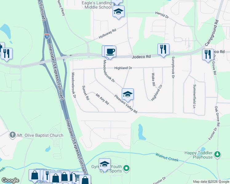 map of restaurants, bars, coffee shops, grocery stores, and more near 115 Pleasant Valley Road in McDonough