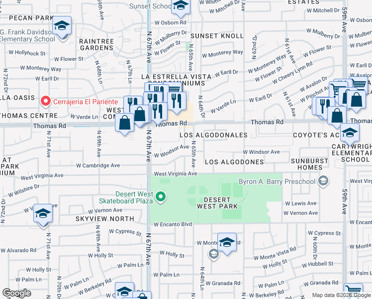 map of restaurants, bars, coffee shops, grocery stores, and more near 6515 West Windsor Avenue in Phoenix