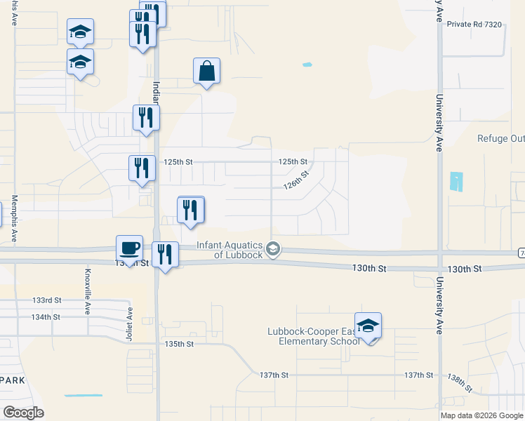 map of restaurants, bars, coffee shops, grocery stores, and more near 3104 128th Street in Lubbock