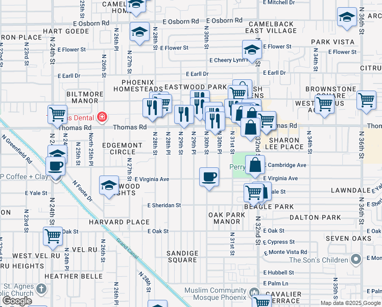 map of restaurants, bars, coffee shops, grocery stores, and more near 2642 North 29th Place in Phoenix