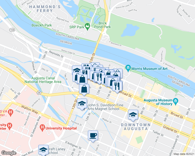 map of restaurants, bars, coffee shops, grocery stores, and more near 1228 Jones Street in Augusta