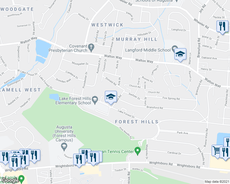 map of restaurants, bars, coffee shops, grocery stores, and more near 3 Reid Court in Augusta