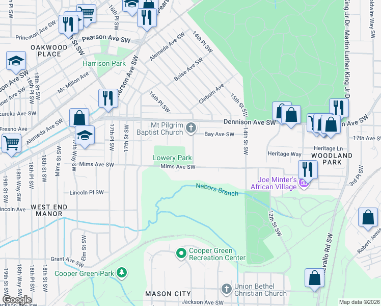 map of restaurants, bars, coffee shops, grocery stores, and more near 1438 16th Street Southwest in Birmingham