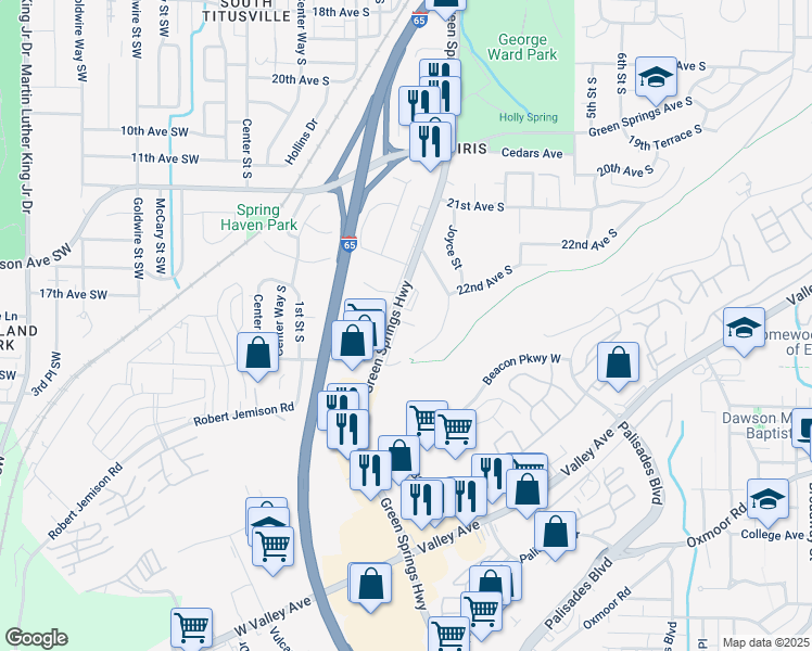 map of restaurants, bars, coffee shops, grocery stores, and more near 2249 Green Springs Highway in Birmingham