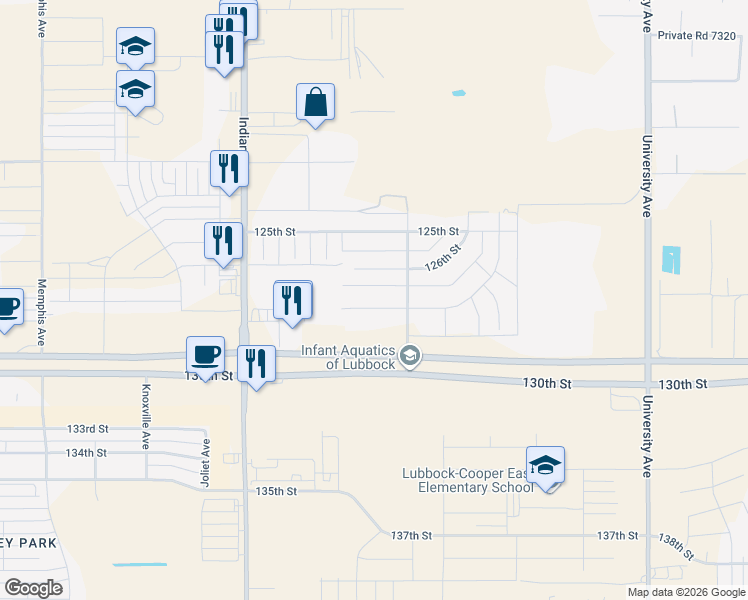 map of restaurants, bars, coffee shops, grocery stores, and more near 3104 128th Street in Lubbock